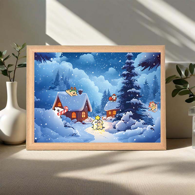 线条小狗卡通雪景木质相框带画片简约现代装饰画定制摆件治愈礼物