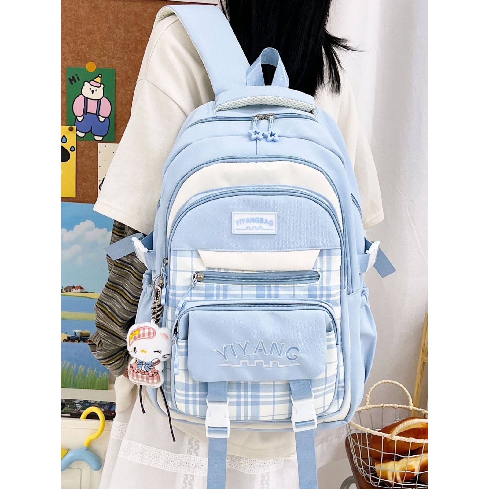 品牌日系ins浅蓝格纹文艺范儿学院双肩包初中生少女上课假期旅游