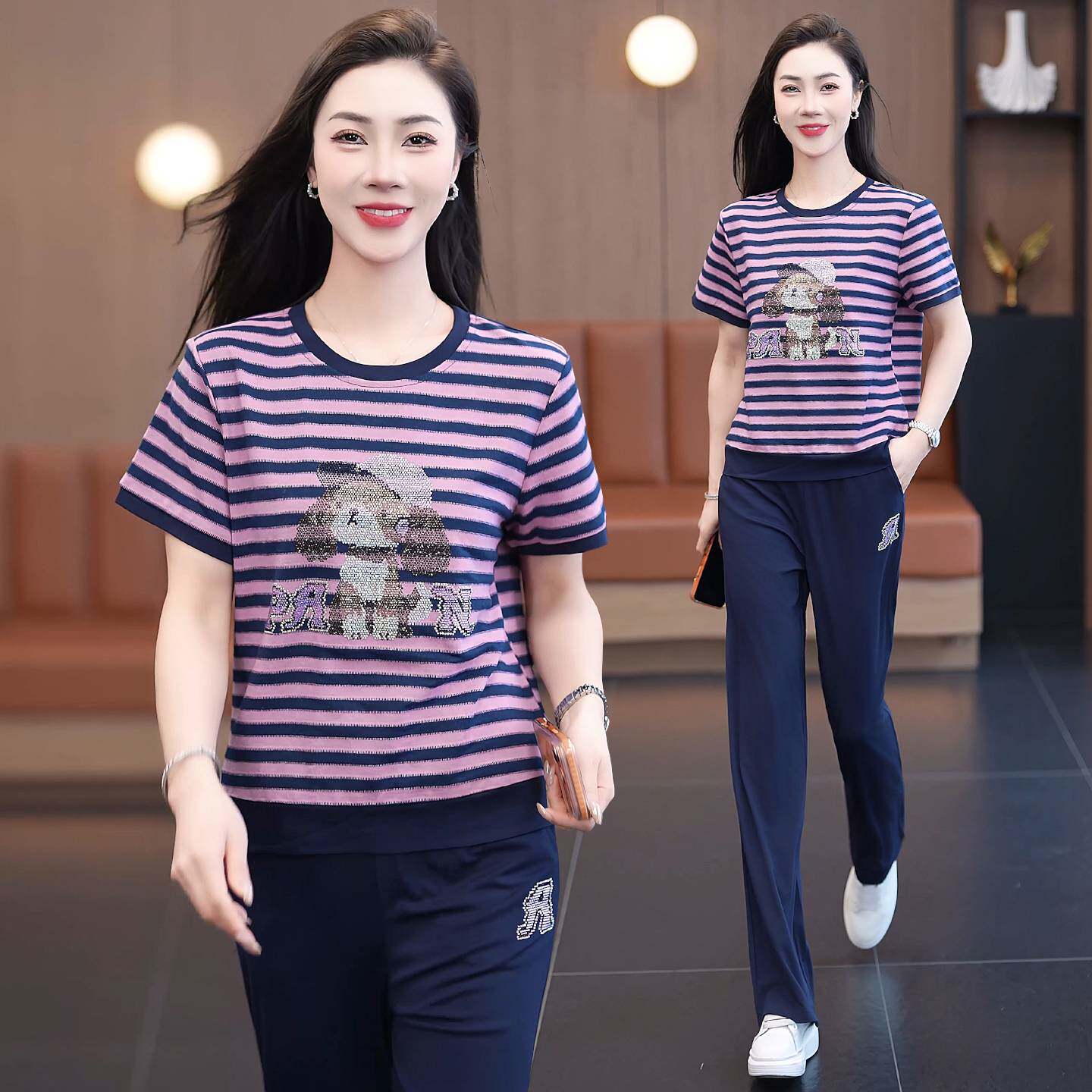 高档品牌夏季条纹卡通印花休闲运动套装女新款两件套时尚洋气减龄