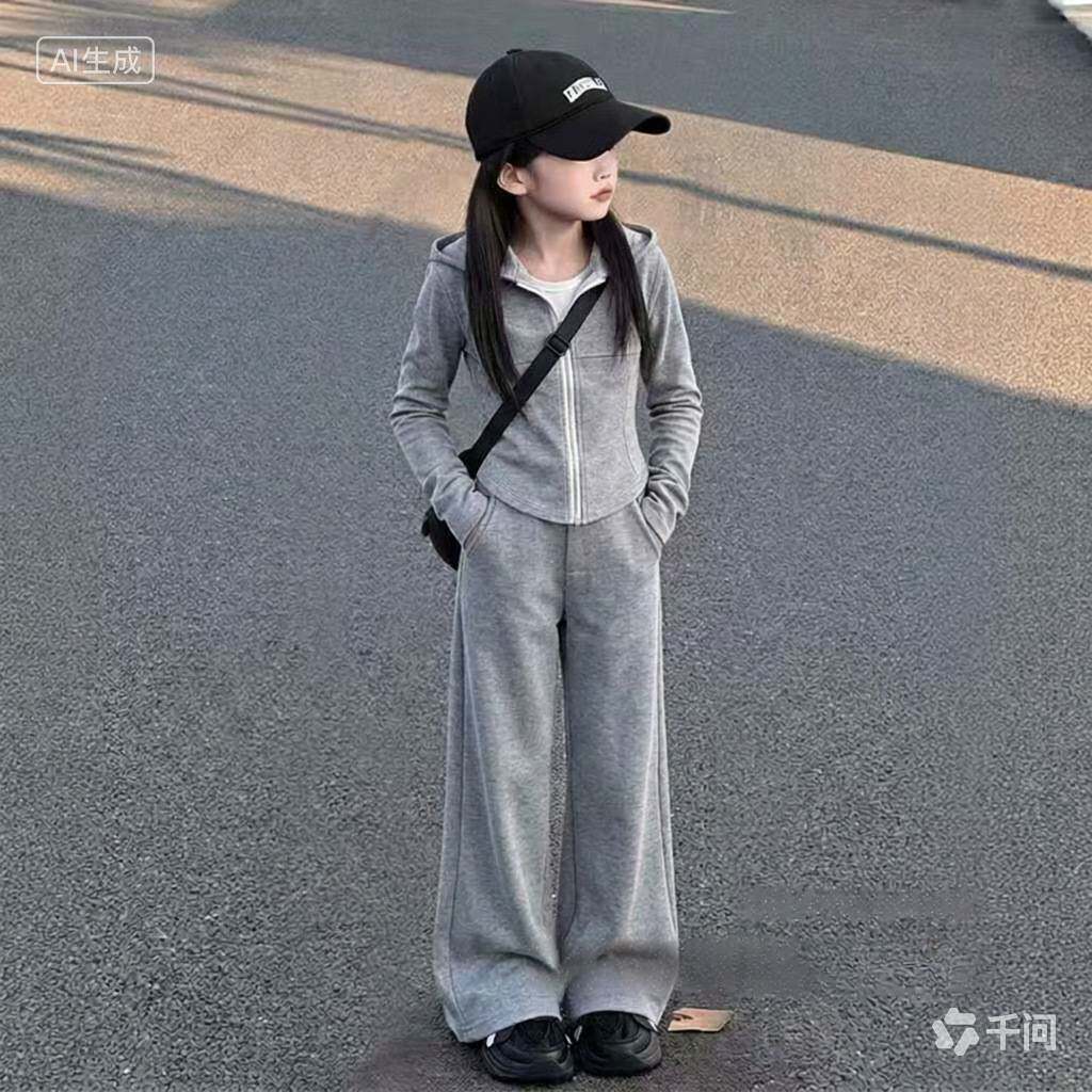 高档品牌湖州织里女童时尚纯色休闲套装秋季立领拉链外套高腰阔腿