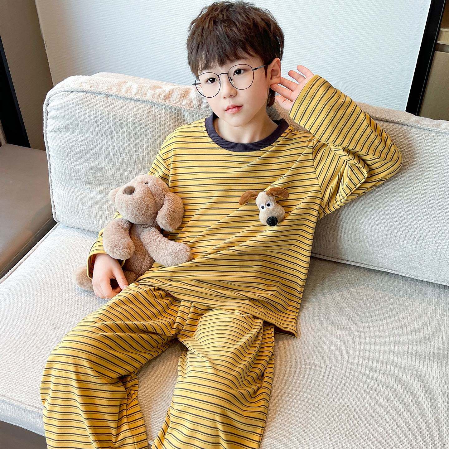 高档品牌男童条纹家居服秋冬款内衣套装男孩宽松套头德绒保暖睡衣
