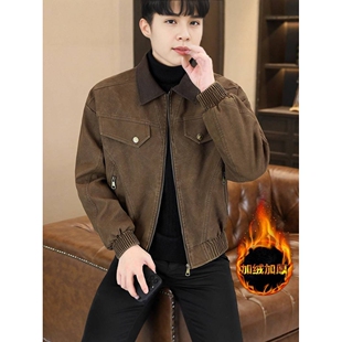 高档品牌男士加绒加厚翻领皮衣2025冬季新款男装青年时尚休闲潮流