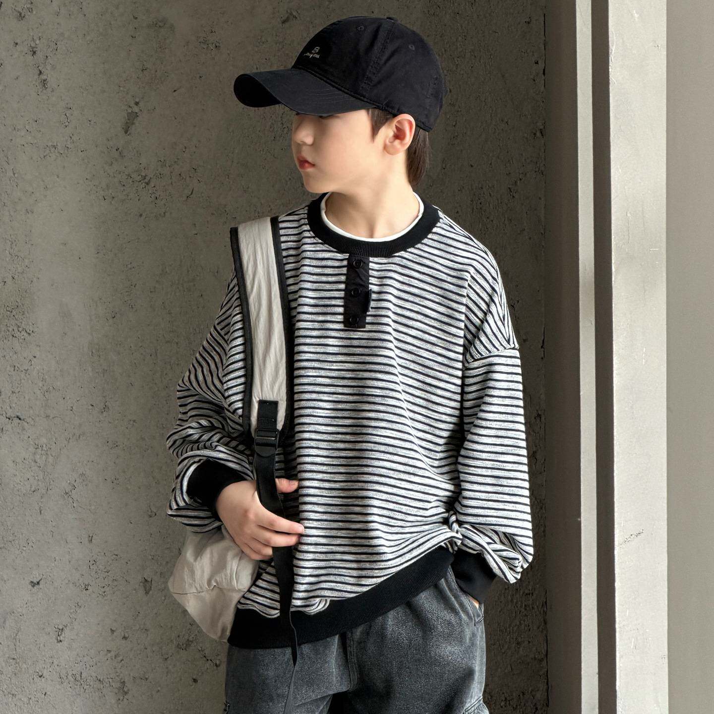 高档品牌男童条纹卫衣休闲时尚韩版春秋装青少年宽松运动套头长袖