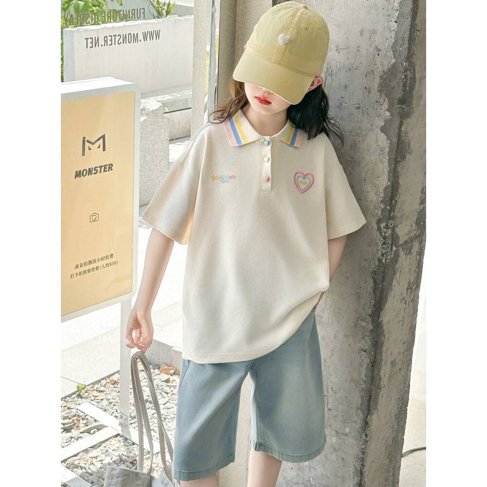 高档品牌女童夏季T恤套装2026新款女大童polo衫儿童夏装牛仔短裤
