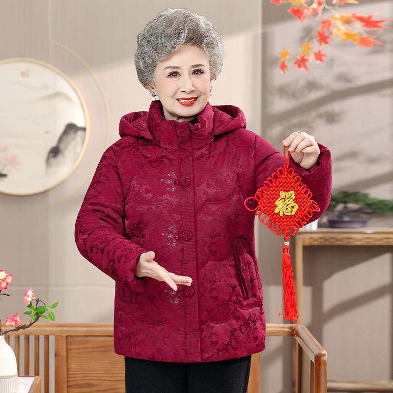 高档品牌中老年女红色连帽棉服加绒加厚保暖奶奶装冬装保暖宽松羽