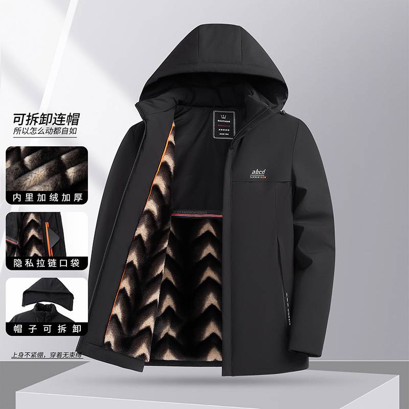 高档品牌冬季加绒棉衣爸爸装脱卸帽子保暖棉袄中老年爷爷装加厚男