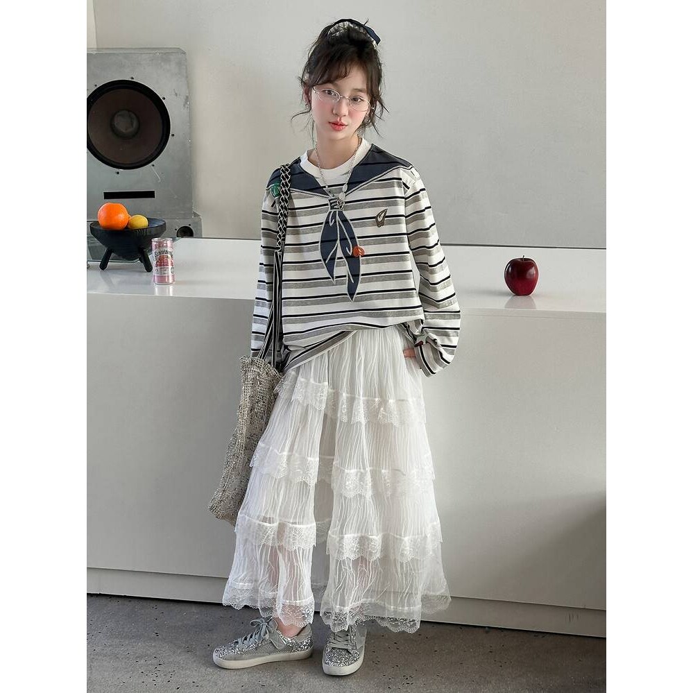 高档品牌女童春秋条纹卫衣蛋糕裙套装2026新款中大童春装甜美半身