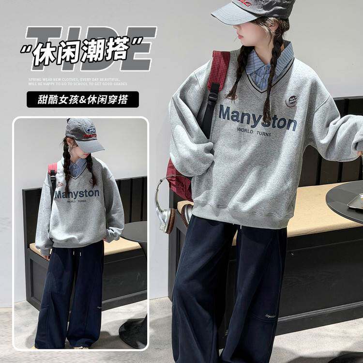 高档品牌儿童美式polo领带假两件卫衣女童春秋款2026新款韩系外套