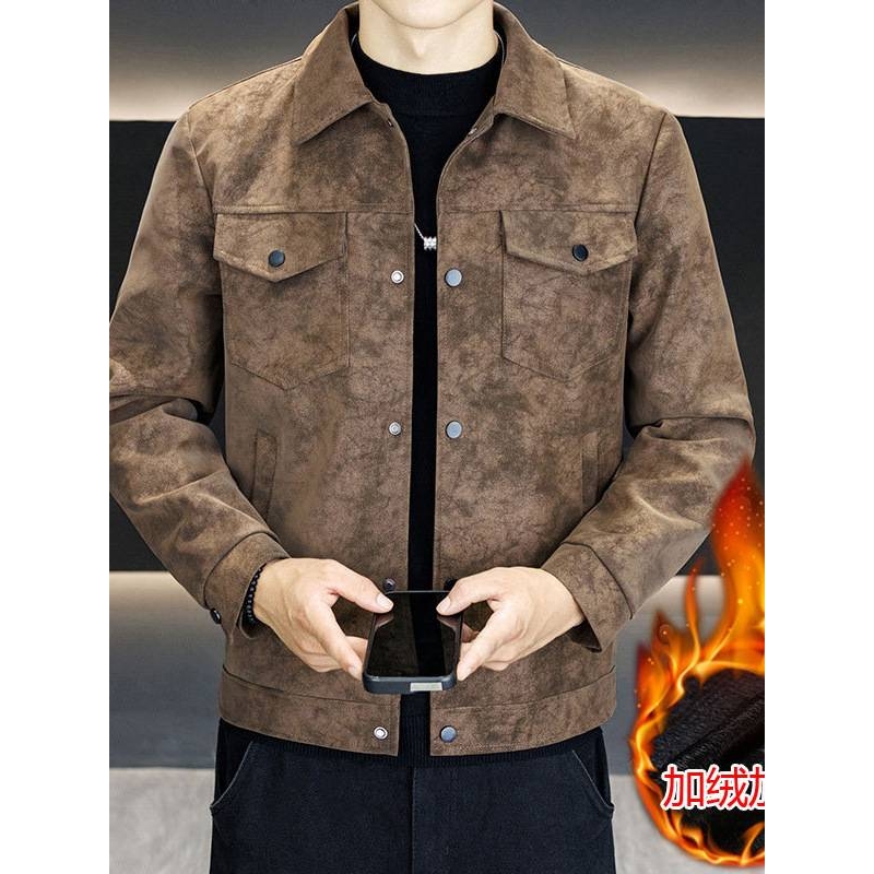 高档品牌男士加绒加厚翻领皮衣2025秋冬新款男装青年时尚休闲潮流