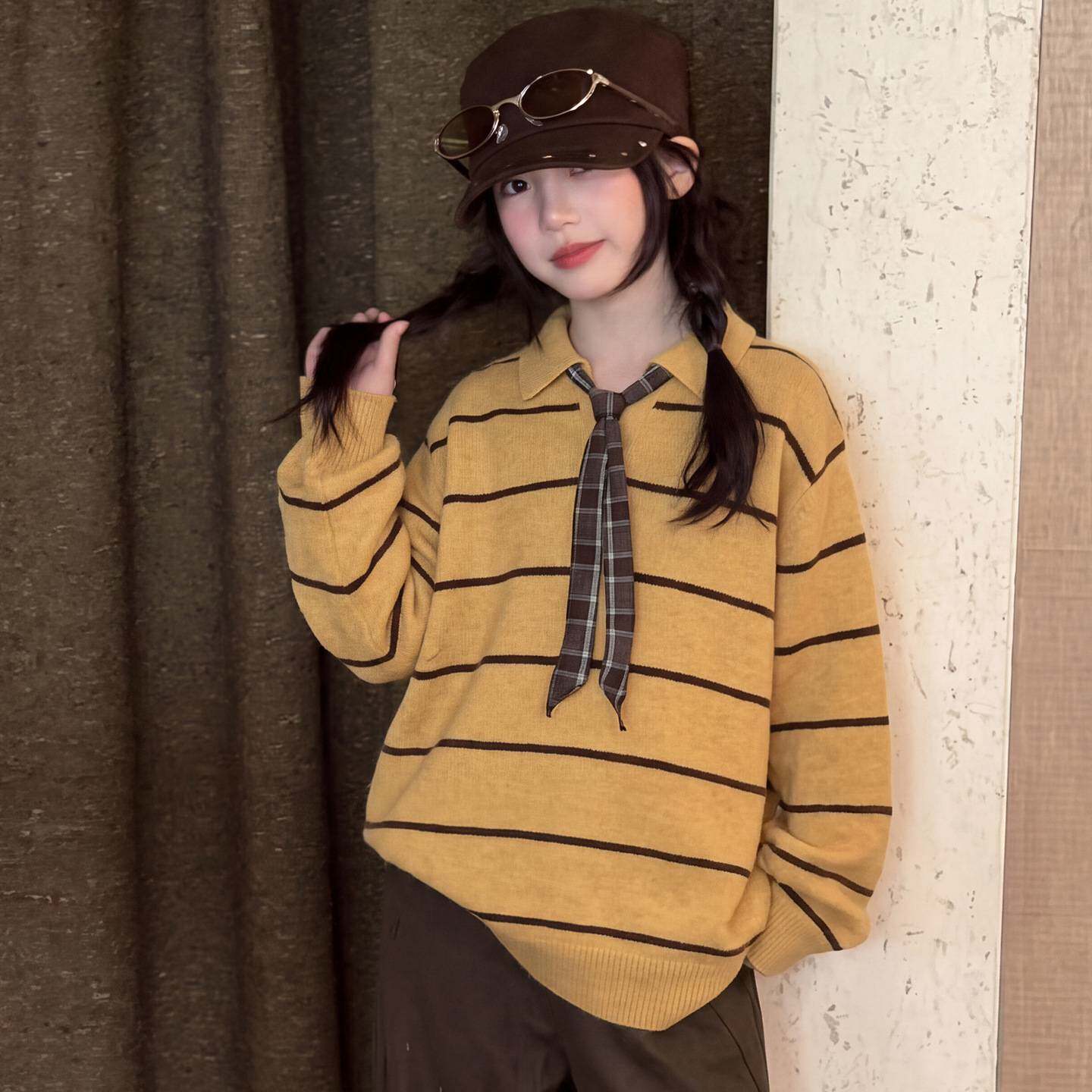 高档品牌女童条纹毛衣时尚Polo领针织衫女孩秋冬呢子休闲阔腿裤韩