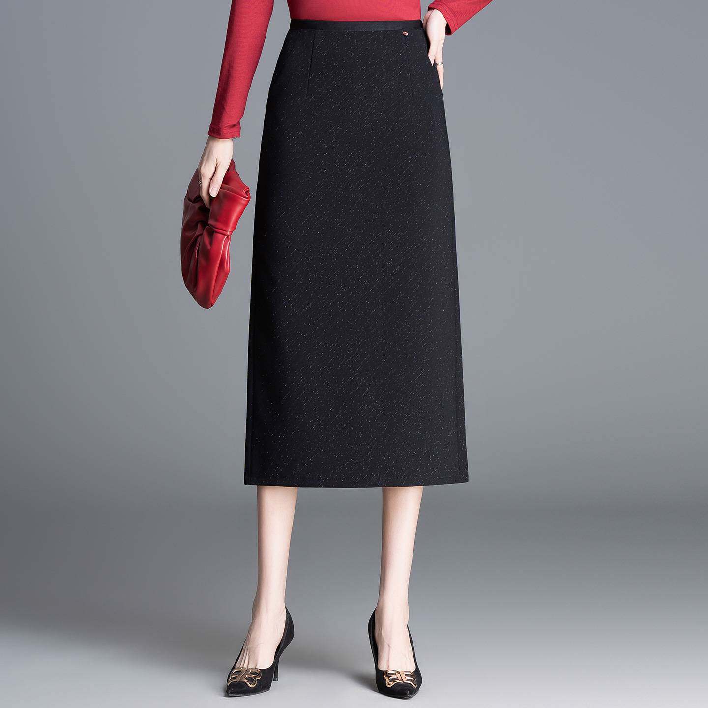 高档品牌气质黑色半身裙女2026年春秋季新款高腰显瘦长款后开叉一