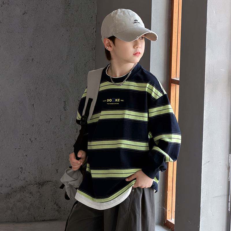 高档品牌男童条纹卫衣韩版春秋装男孩宽松套头运动衫休闲百搭长袖