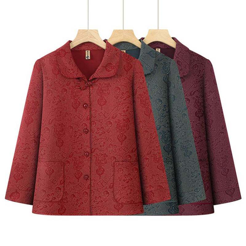 高档品牌妈妈装秋季纯色开衫老人长袖衣服中老年人衬衫奶奶春秋装
