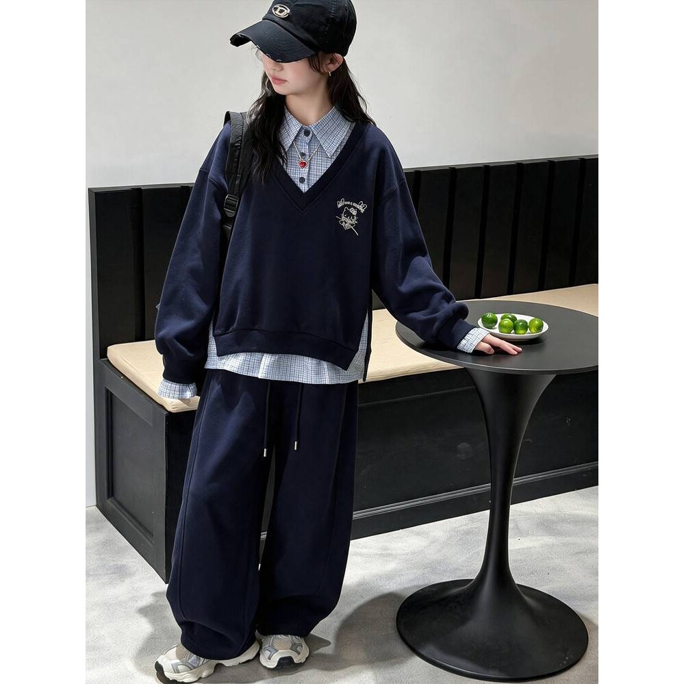 高档品牌女童2026新款秋装假两件卫衣套装儿童学院风大童衬衫领洋