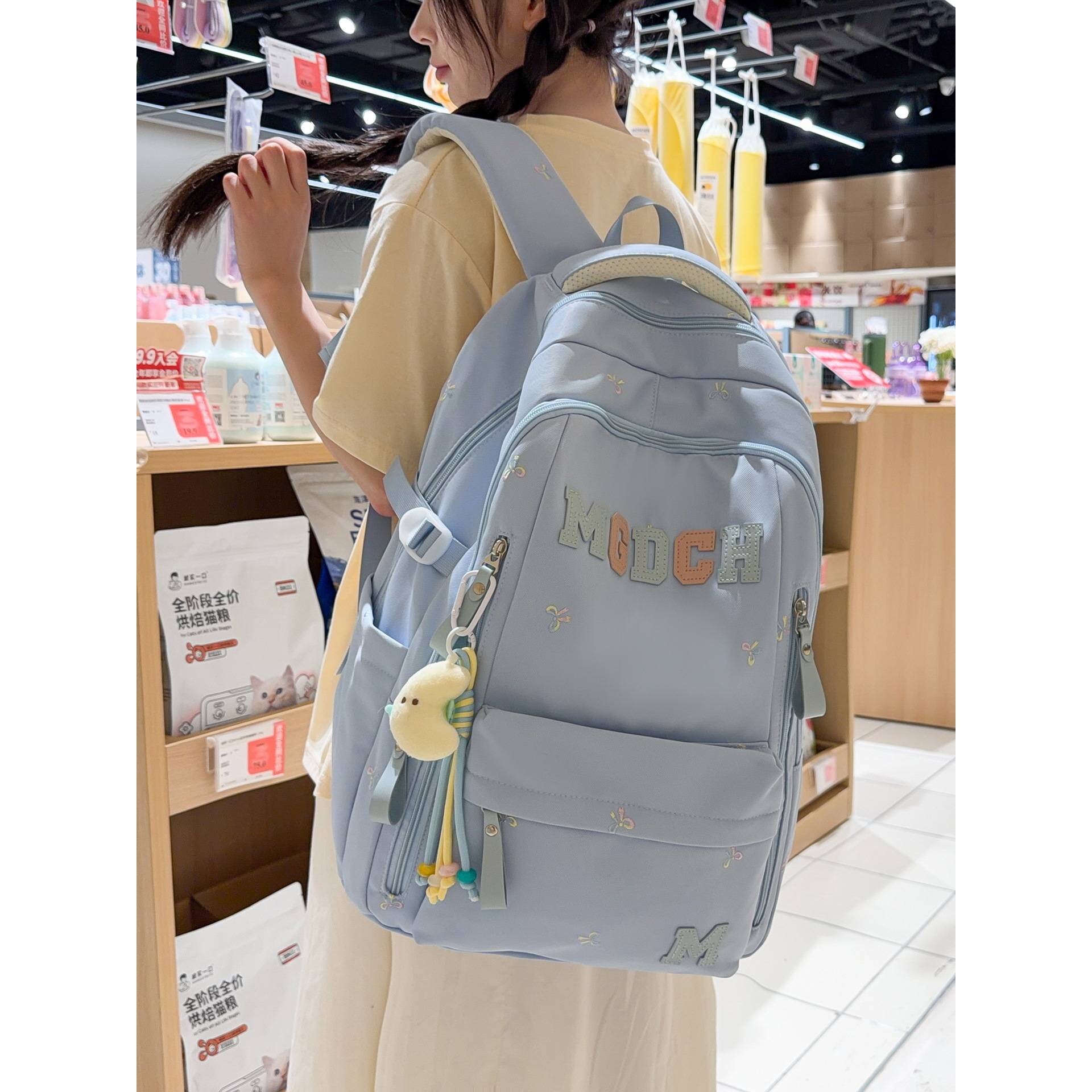 品牌韩系ins甜美樱花粉色初高中女生宽肩带双肩包蝴蝶结刺绣软妹