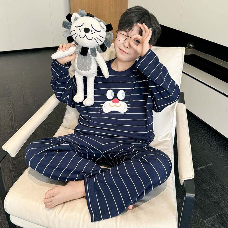 高档品牌男童条纹家居服中大童休闲韩版春秋款套装男孩宽松长袖睡