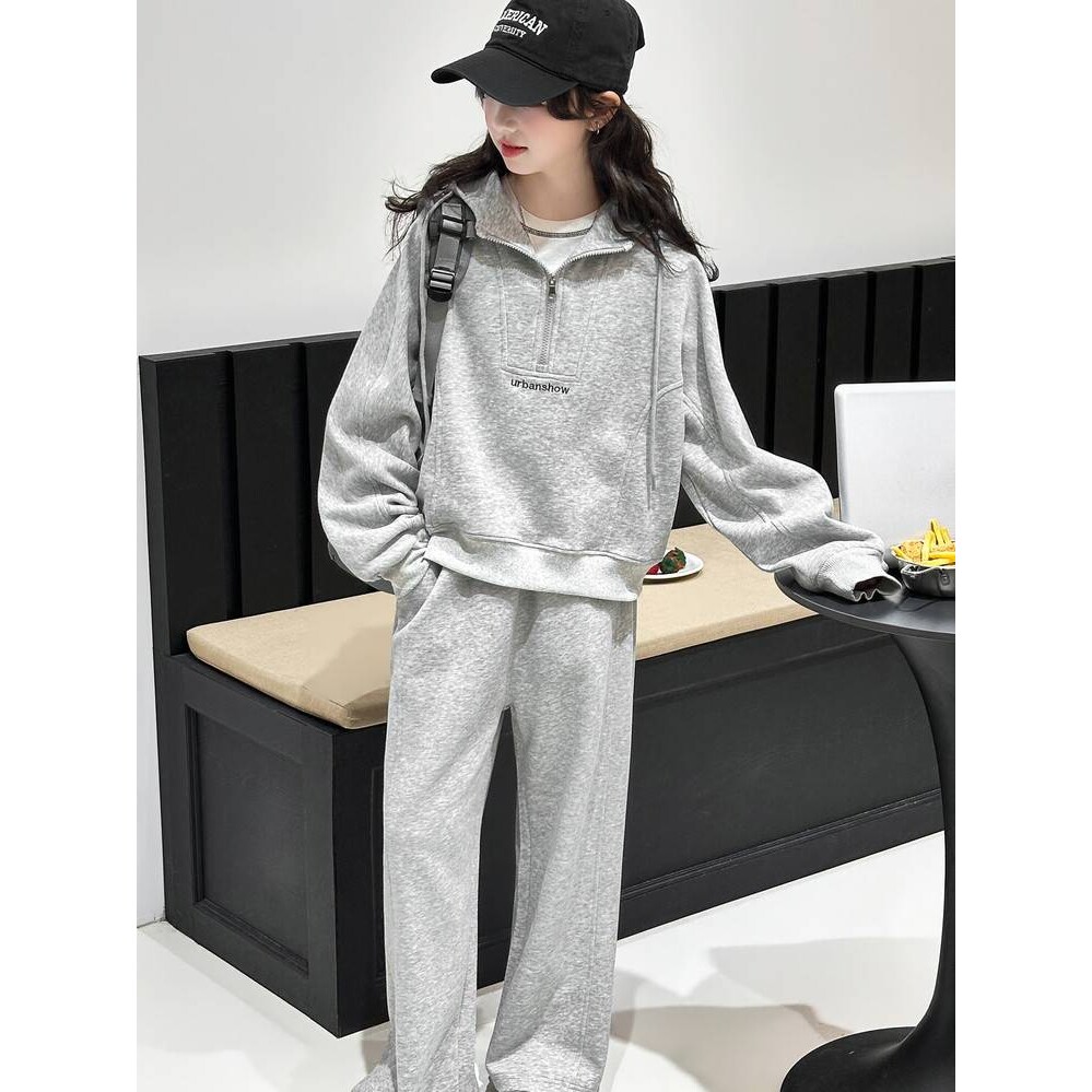 高档品牌女童休闲套装2026春季新款中大童洋气连帽卫衣外套针织运