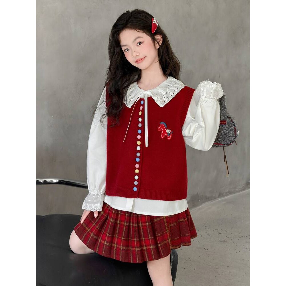 高档品牌女大童毛衣马甲衬衫三件套2026新款春装洋气女孩韩系春季