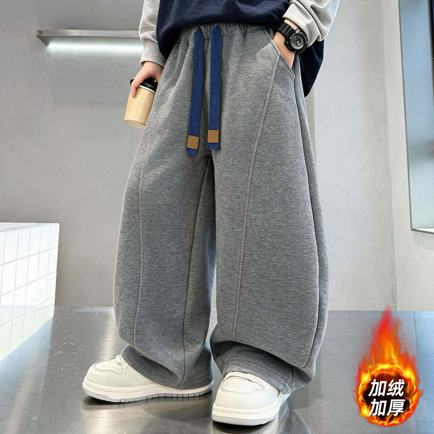 高档品牌儿童裤子2026秋冬季男童加绒卫衣韩范宽松男孩休闲运动裤