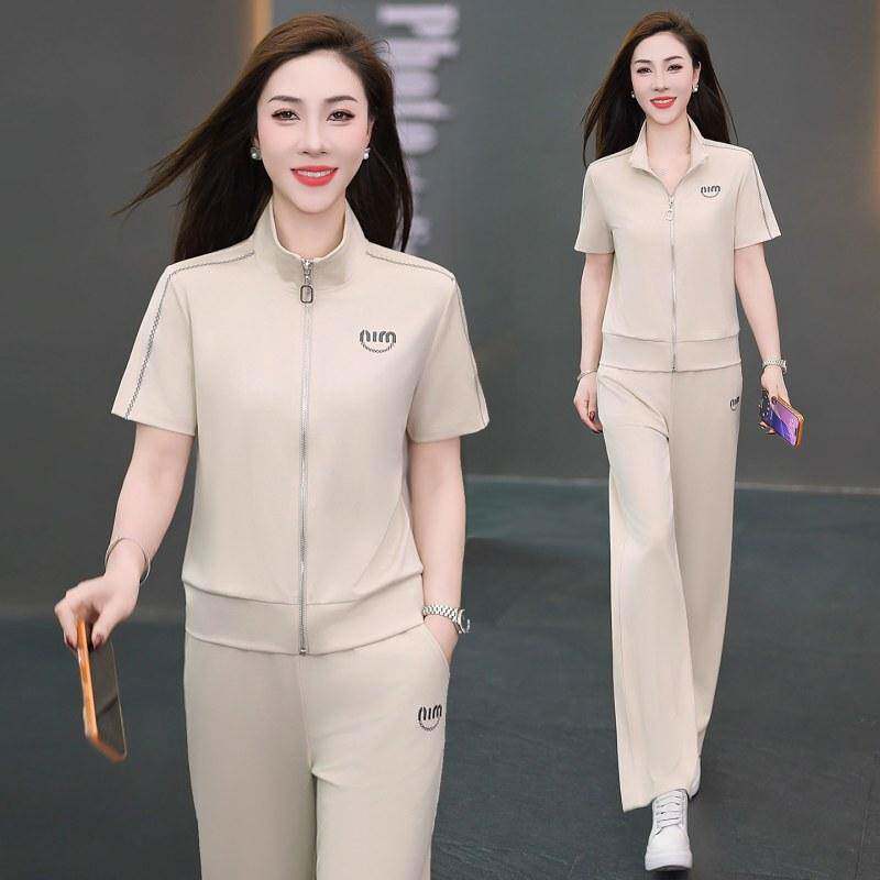 高档品牌2026夏季大码女装长裤套装宽松遮肉显瘦简约纯色透气舒适