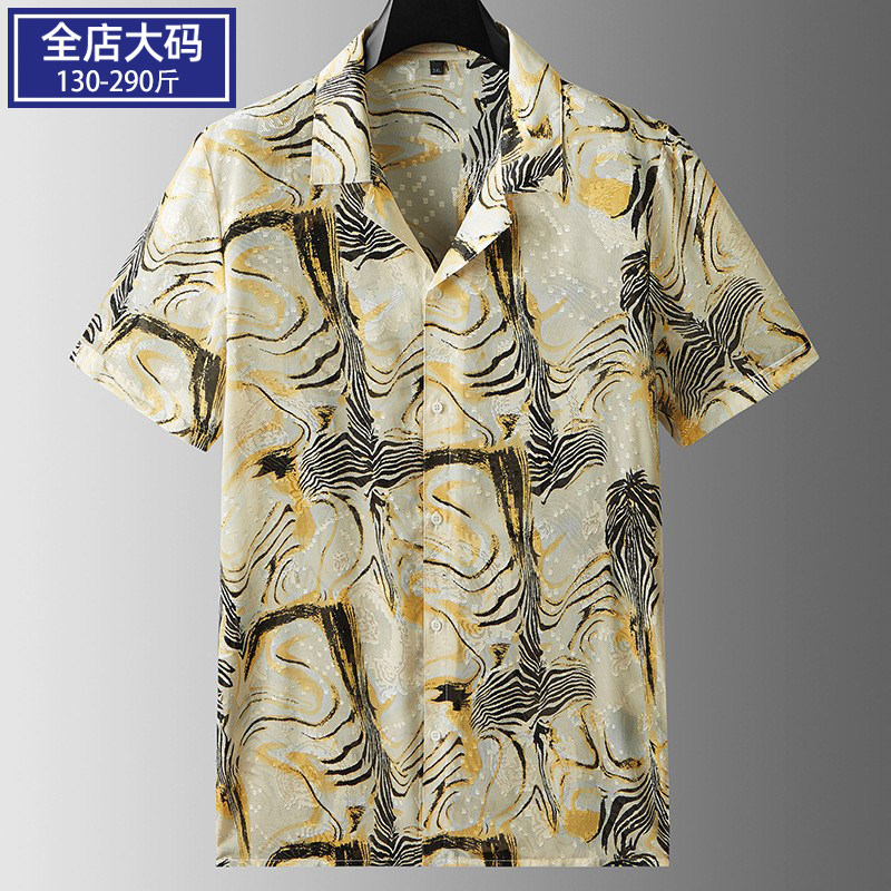 夏季超薄古巴领短袖花衬衫男胖子大码潮胖子透气休闲度假沙滩衬衣