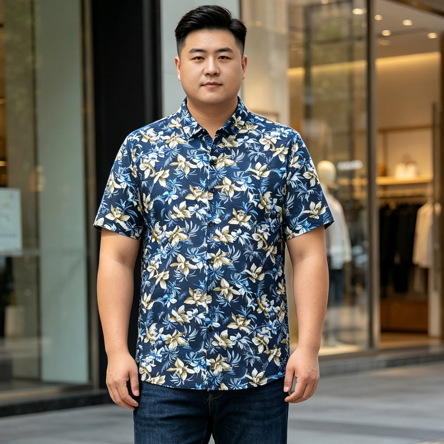 加肥加大码短袖衬衫男胖子宽松休闲潮流印花度假沙滩翻领免烫衬衣