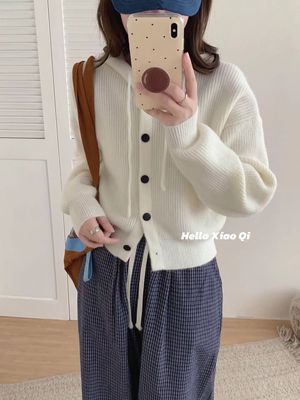 韩系纯色短款连帽针织小上衣秋冬新款小个子休闲百搭毛衣外套