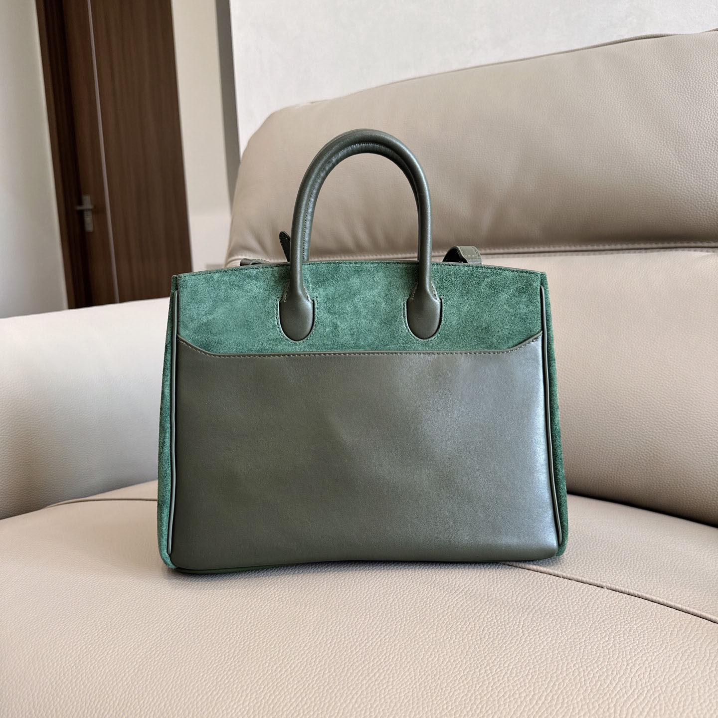 复古风真皮小牛麂皮手提包女绿色拼接撞色托特包通勤大包30CM