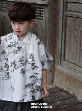 特NO退NO换 卤蛋童装【极简东方】国风人棉衬衫儿童短袖24580