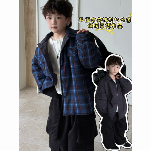 卤蛋童装｜撞色格纹.冬款翻领两面穿夹棉韩版棉服中长款男女童