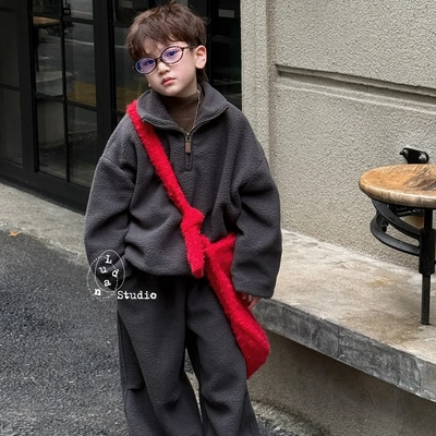 卤蛋童装·高阶玩家/秋冬时髦高级灰色套装毛绒感休闲卫衣男女童
