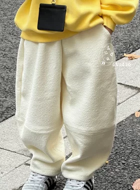 卤蛋童装·慵懒假日/冬季韩版宽松时髦白色一体加绒休闲裤男女童