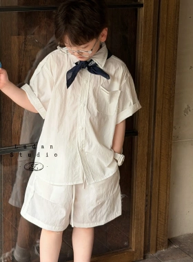 【夏】卤蛋童装.西西里假日/韩极简白短袖衬衫短裤生日套装男女童
