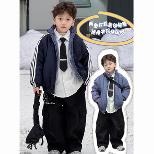 卤蛋童装·汉南洞欧巴/冬韩版时髦藏蓝两面穿格子夹棉棉服中大童