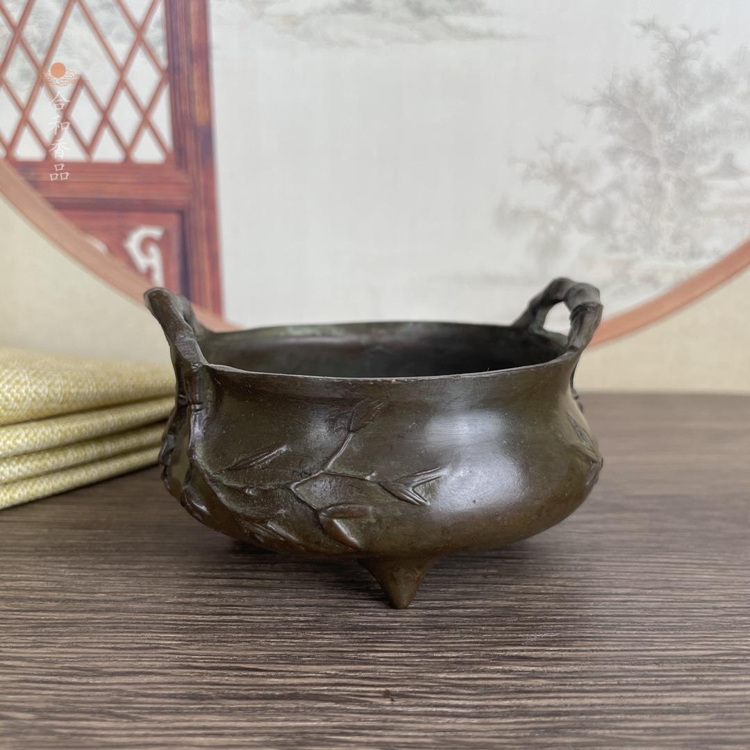 做旧仿古竹双耳香炉摆件 复古老包浆三足大明宣德炉古玩杂项香炉