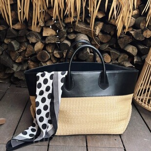 夏天包时尚百搭拉菲草编织撞色牛皮接拼手提大容量海边度假沙滩包