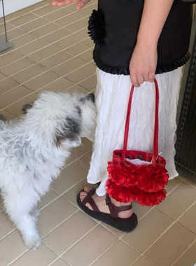 花朵手提单肩包韩国小众设计复古丝缎玫瑰花瓣新娘红色单肩手拎女