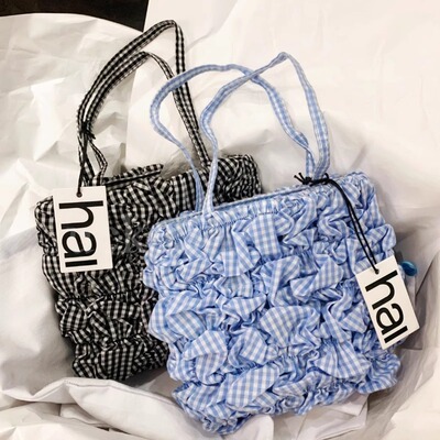 宅女同款hai格子褶皱迷你手提包