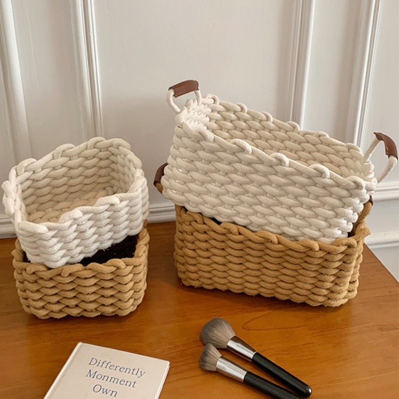 ins风棉绳编织收纳篮桌面零食杂物整理盒化妆品收纳筐家用大容量
