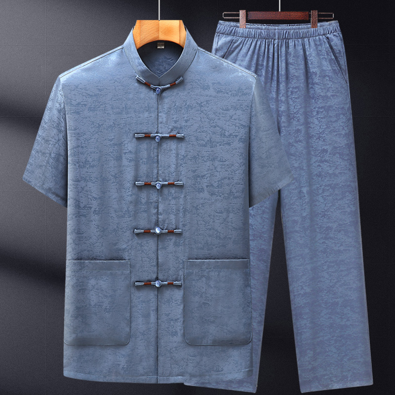 桑蚕丝唐装男中老年真丝绸缎夏季短袖爸爸夏装套装爷爷中国风男装