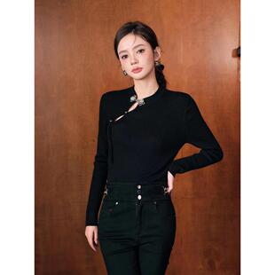 设计师品牌Re-re-de春秋中式巴素兰羊毛衫黑毛衣针织打底上衣女装