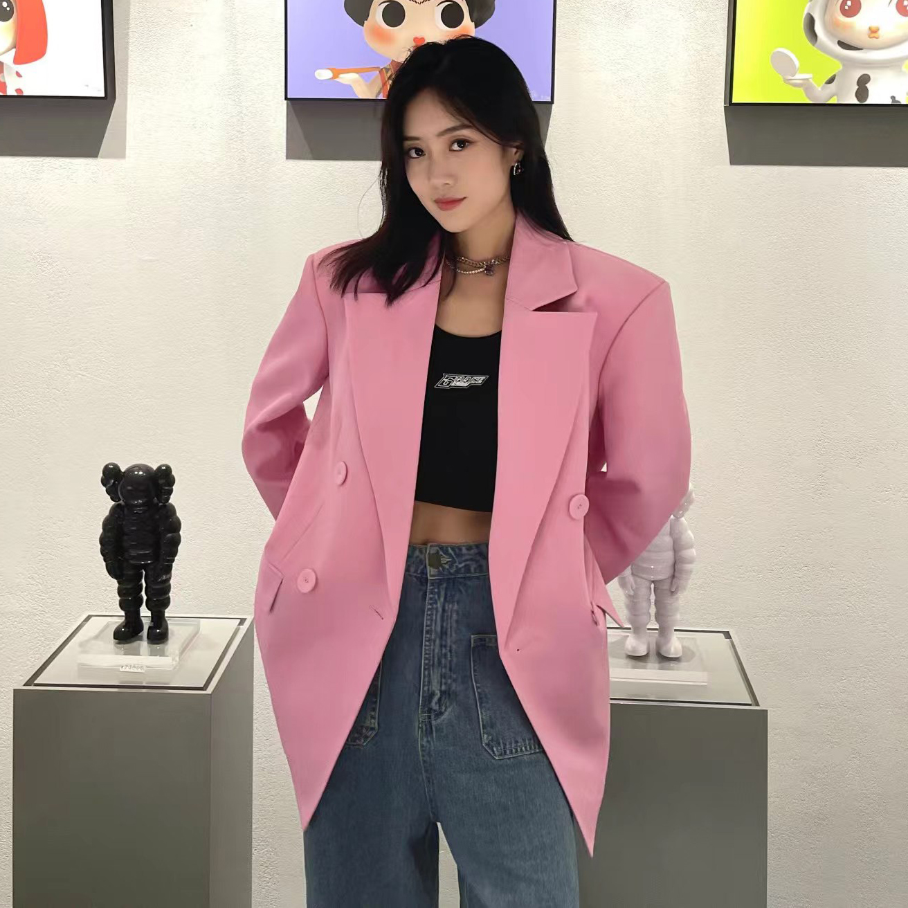 时尚玫粉色男友风慵懒感中长西装