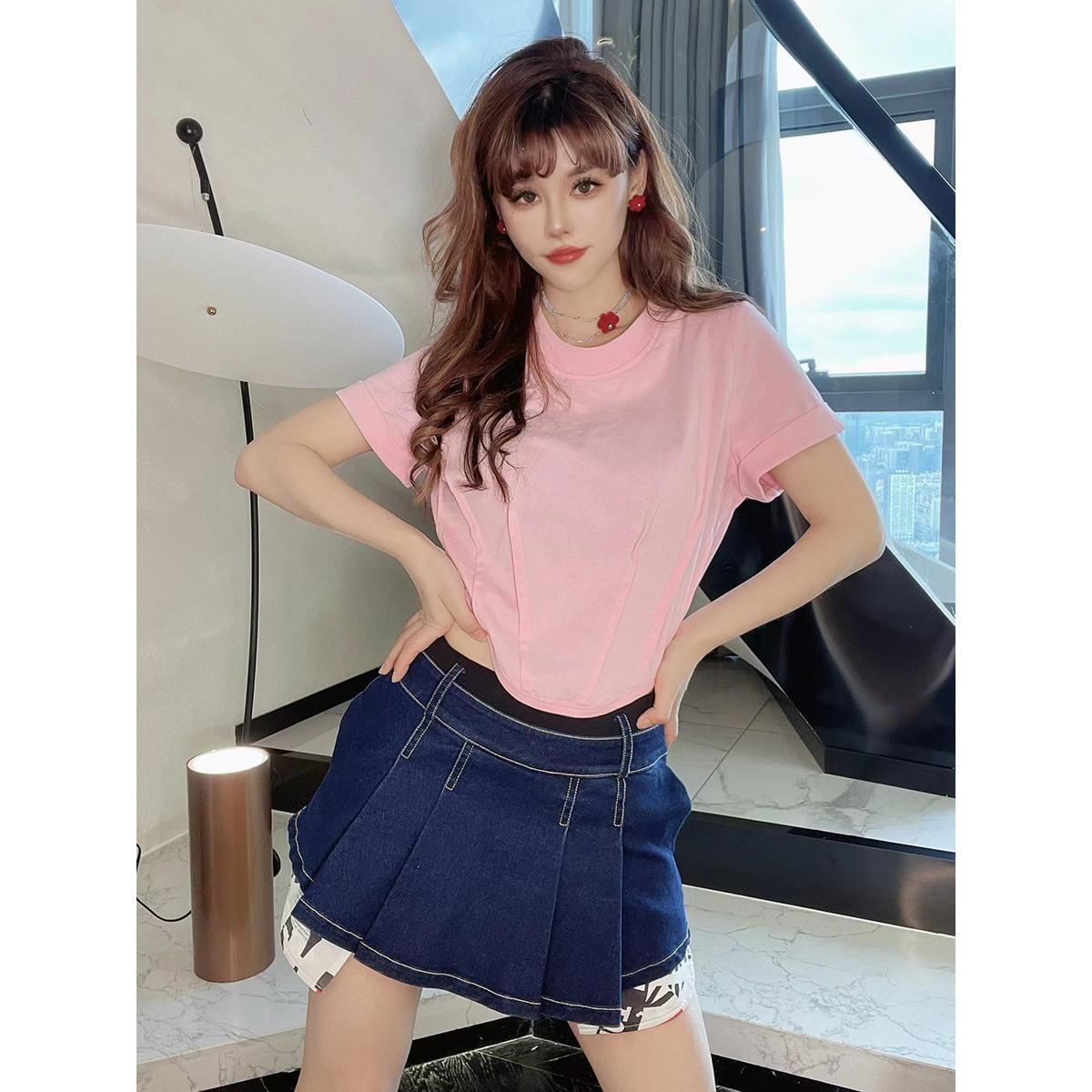 女式圆领设计感高腰显瘦T恤衫女