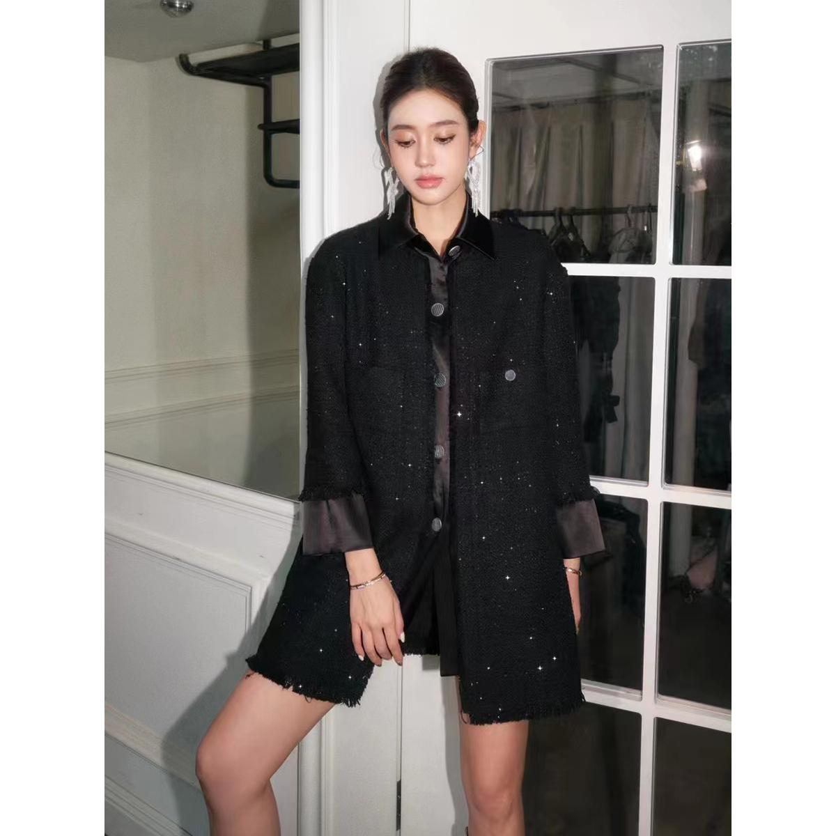 时尚中长工装亮片宽构九分袖呢子