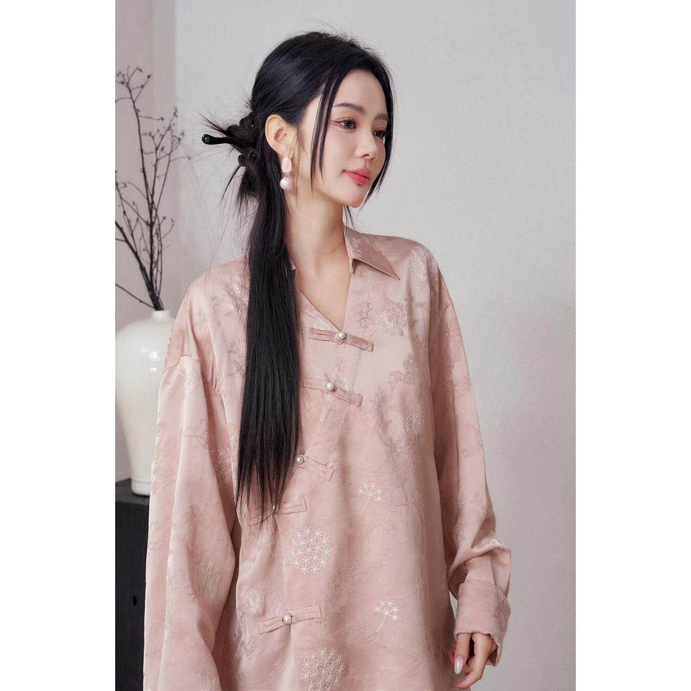 设计师品牌2024春夏秋新款新中式衬衫提花刺绣洋气藕粉洋气上衣女