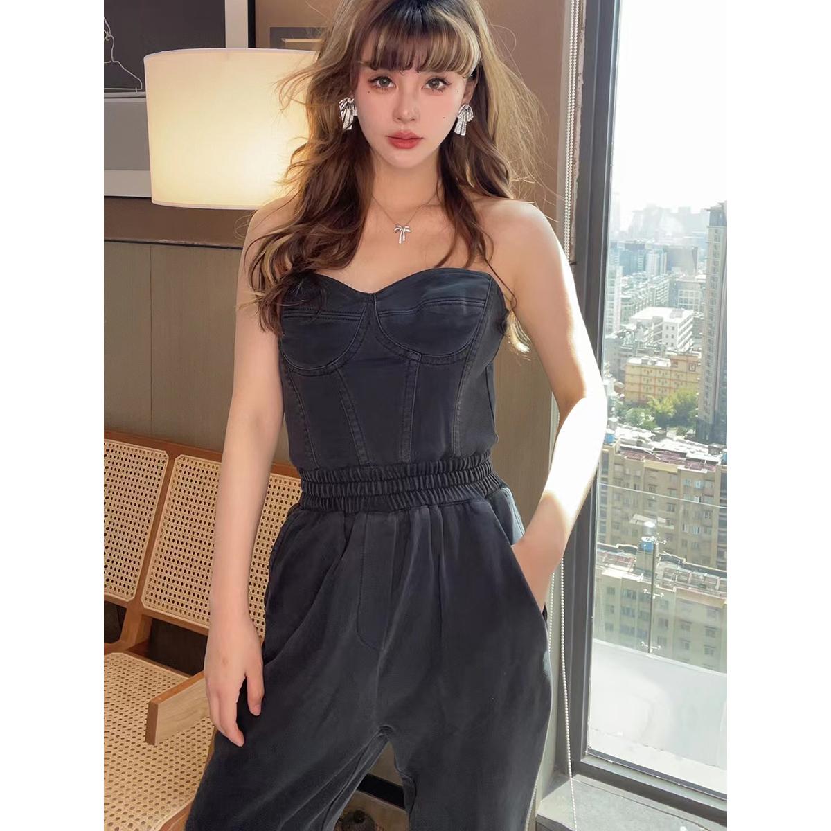 新款纯棉可加吊带时尚大长腿长裤