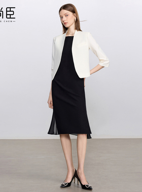 艾尚臣白色时尚套装女通勤无领小西服轻奢高级感西装连衣裙职业装