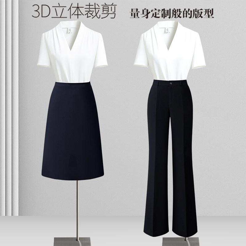 白色衬衫女职业气质通勤V领短袖正装上衣售楼部销售衬衣工作服夏