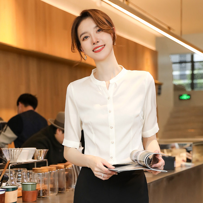 诗璐雅立领雪纺白色衬衫女士春夏新款工作服薄款职业正装气质衬衣