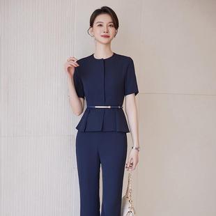 簡約干練圓領夏季 詩璐雅短袖 工作服 職業裝 女士收腰微喇褲 西裝 套裝